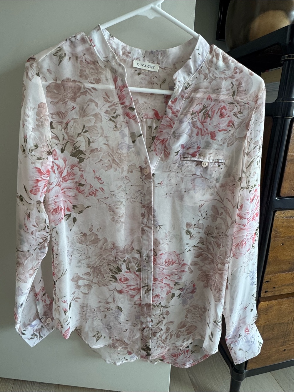 Olivia Grey Pink & Cream Floral Button-Front Blouse